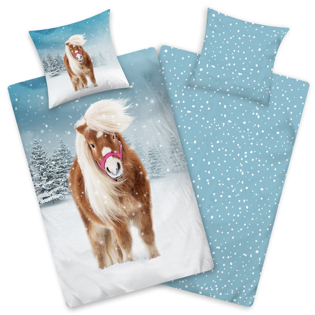 Aminata kids Biber Bettwäsche 135 x 200 Kinder Pferde-Motiv Mädchen Flanell Baumwolle, Reissverschlu