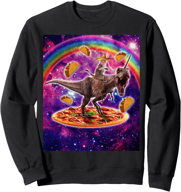 Space Cat Lover Riding Dinosaurier T Rex Unicorn Pizza Taco. Sweatshirt