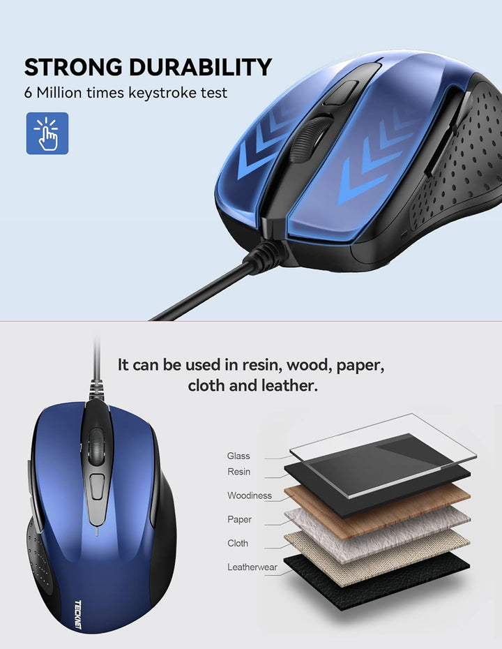 TECKNET Maus mit Kabel, Optical Business Mouse Verdrahtete Ergonomische Maus mit 6 Tasten, 2 Verstel