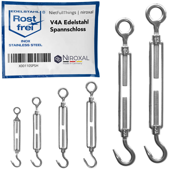 Edelstahl Spannschloss Haken-Öse – 6 mm – 50 Stück – V4A (A4) – Seilspanner/Drahtspanner rostfrei M