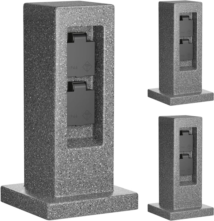 ledscom.de 3 Stück Garten Steckdosensäule Pock für aussen, IP44, 2-Fach, anthrazit (Stein-Optik), ec