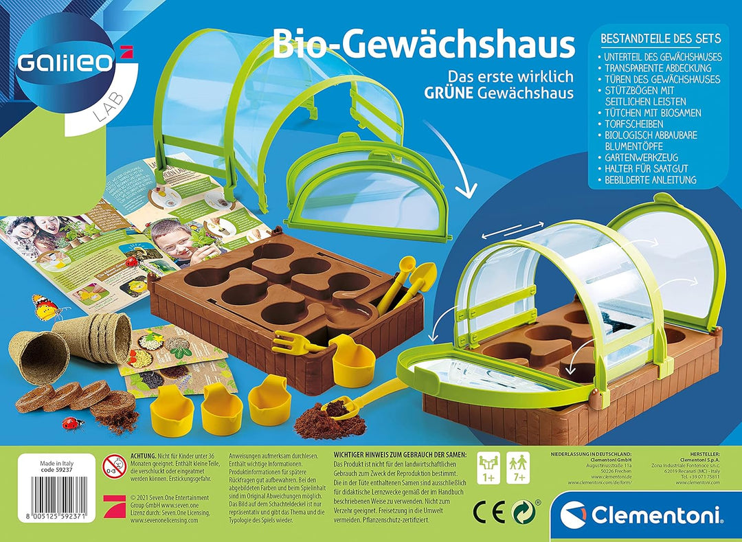 Clementoni Galileo Lab – Bio-Gewächshaus, Garten-Set aus 100% recyceltem Material, Pflanzkasten mit