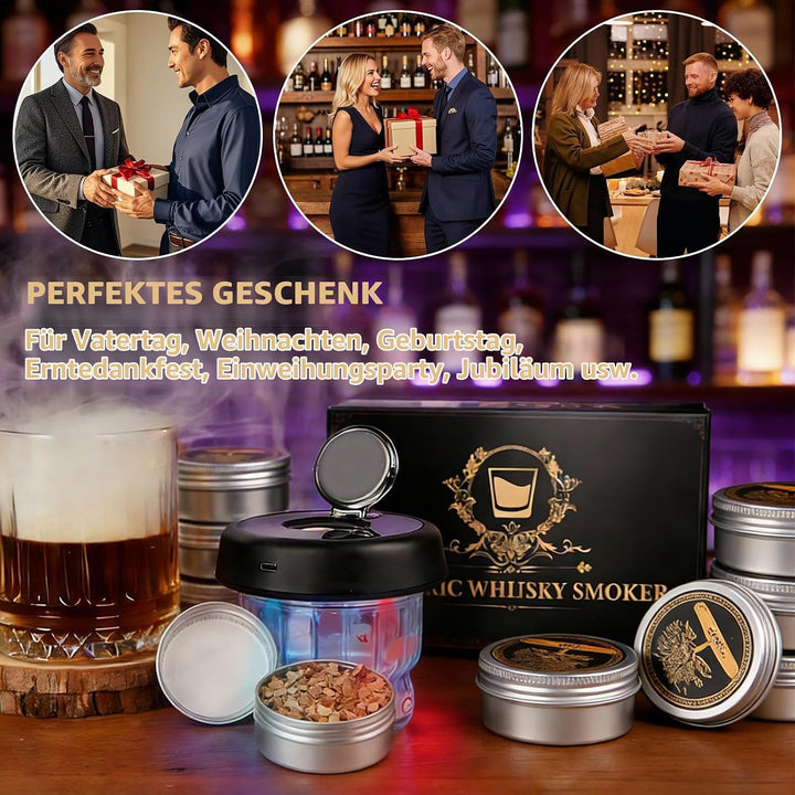 Whisky Smoker Set,Wiederaufladbarer Cocktail Smoker Kit mit 6 Flavors Holzspänen,RGB Licht,für Whisk
