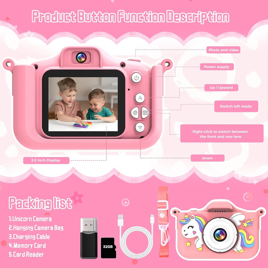 Kinderkamera 1080P mit 32GB & Spielen – Digitalkamera für Kinder ab 3 Jahren, Selfie Kamera mit Einh