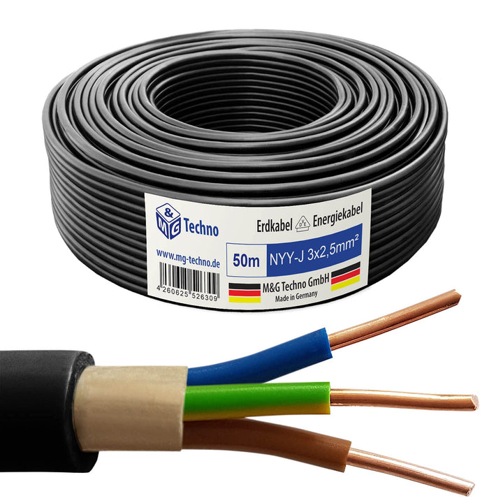 M&amp;G Techno 50m NYY-J 3x2,5 mm² Erdkabel Elektrokabel Beton und Freien Kupfer Made in Germany Schwarz