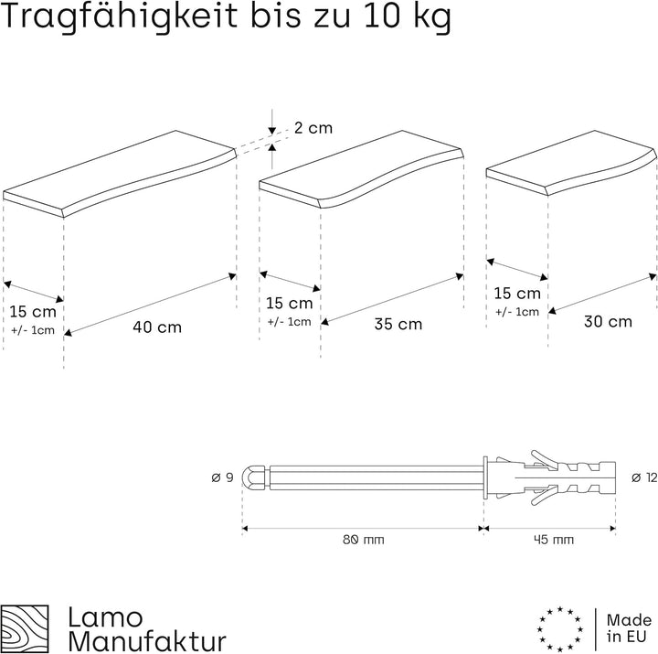 LAMO Manufaktur 3 Stück Wandregal aus Holz mit unsichtbarer Befestigung 40/35/30cm | Wandregal aus 1