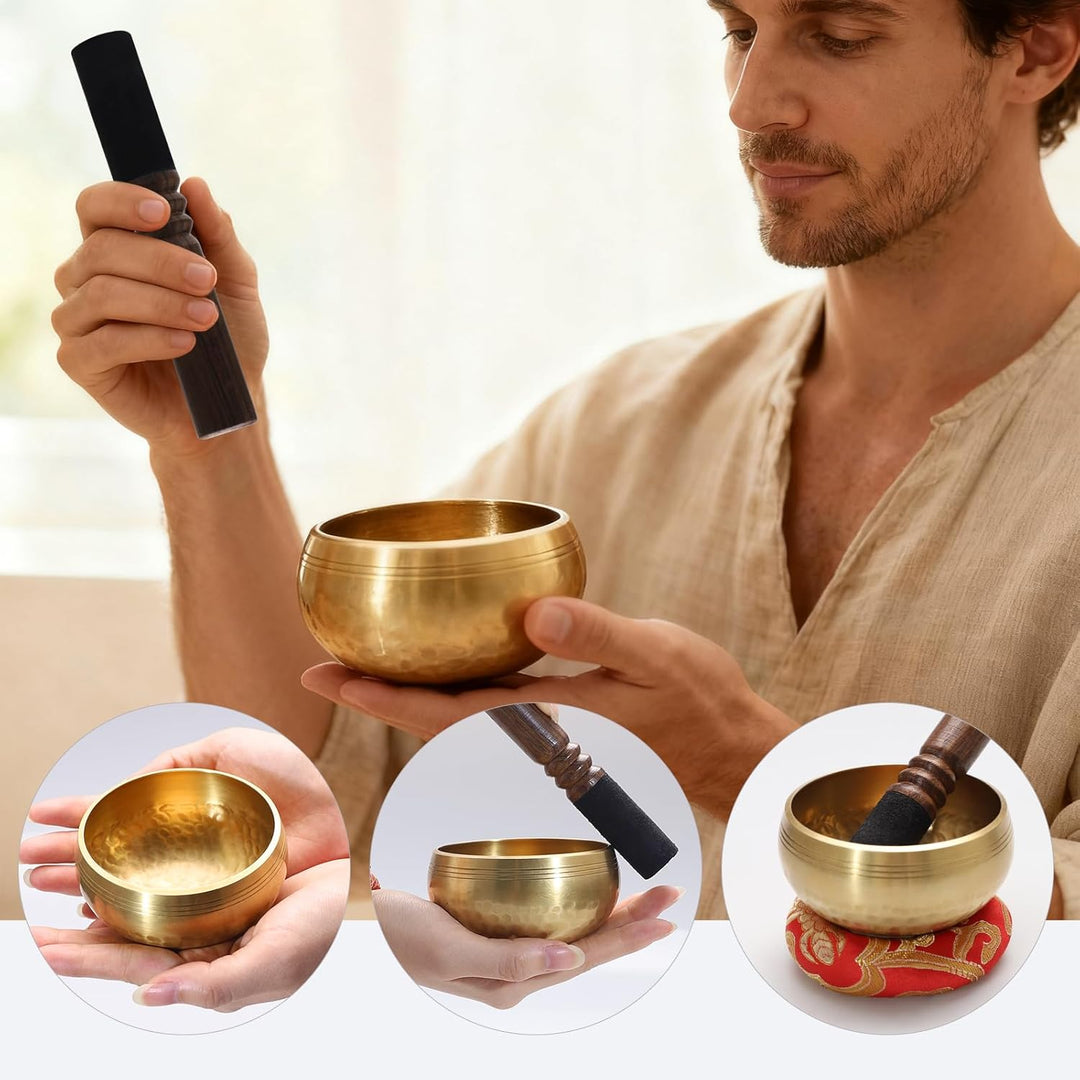 Tibetische Klangschale Set 8cm – Handgefertigte Meditationsschale aus Messing mit Holzklöppel Kissen