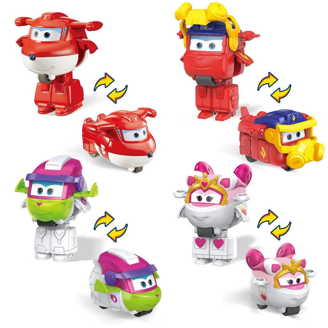 Super Wings 2 inch Verwandlungsspielzeug 4er Pack, Jett, Curie, Runi und Sara, Flugzeug Spielzeug Fa