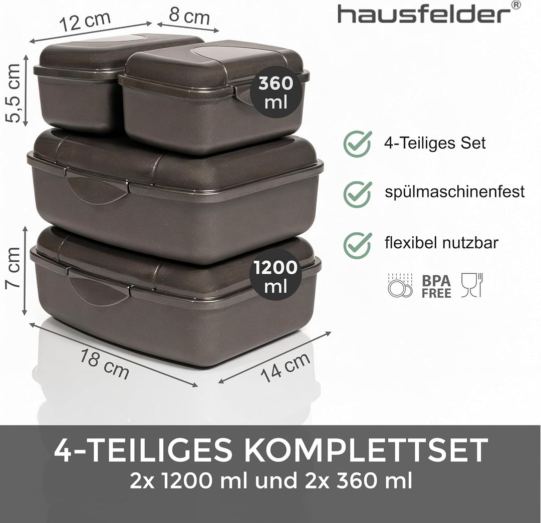 Hausfelder Brotdose Set Erwachsene – 4er Lunchbox Set anthrazit mit 2 grossen (18x14x6,5cm) &amp; 2 klei