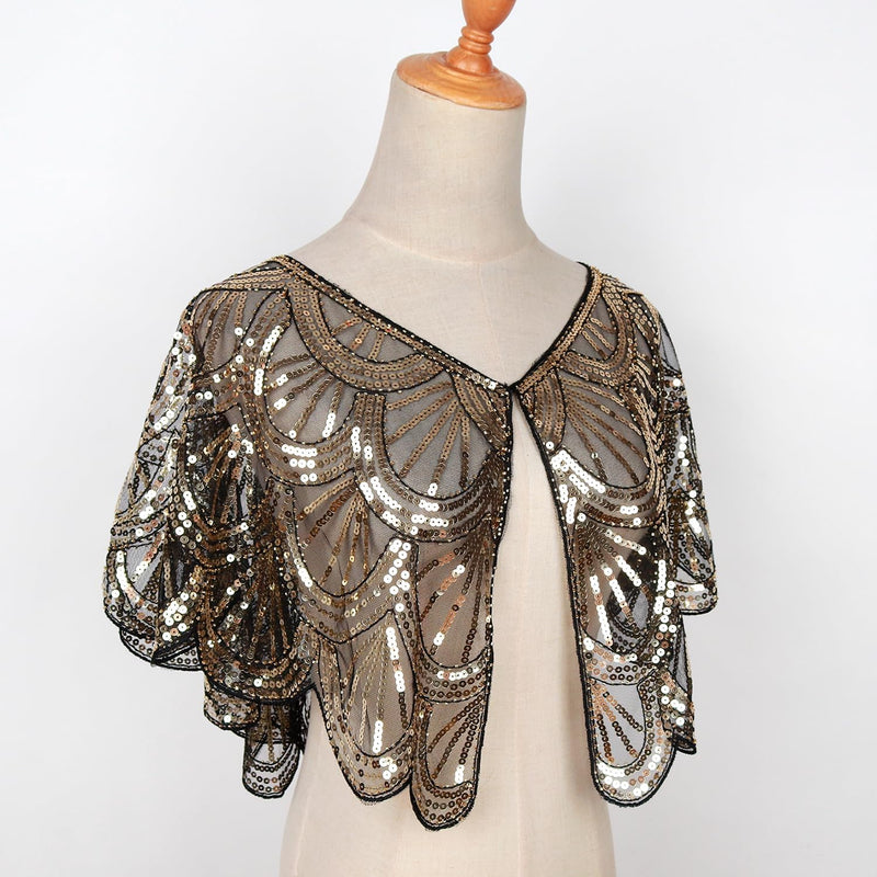keland Damen Festlich Pailletten Umhang Schal Schultertuch Stola Tuch für Abendkleid Z-schwarz & Gol
