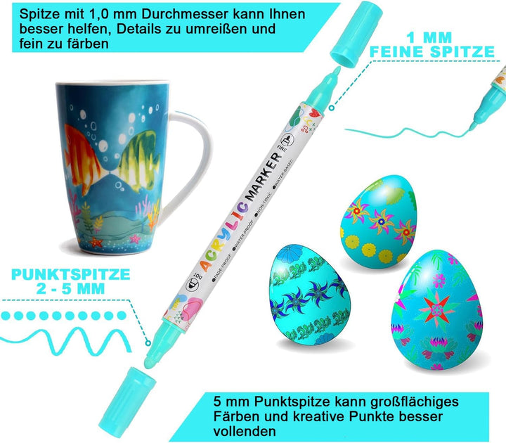 KEMYR 72 Farben Acrylstifte Set mit Doppelspitze, Acrylmarker Wasserfeste für Steine, Holz, Glas & P