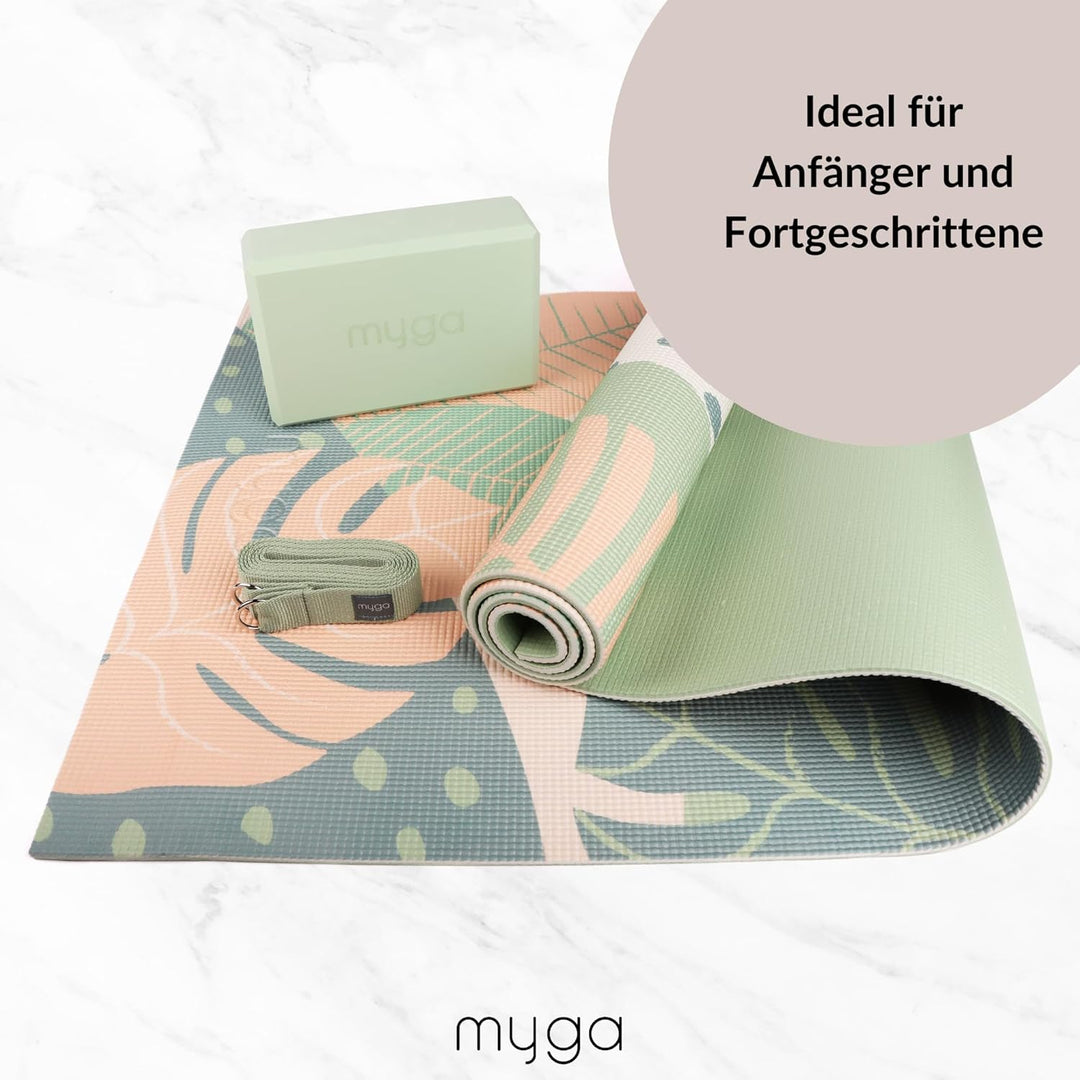 Myga Yoga Starter Kit | Komplettes Set mit Yogamatte, Yogablock & Gurt | rutschfest & Unterstützend