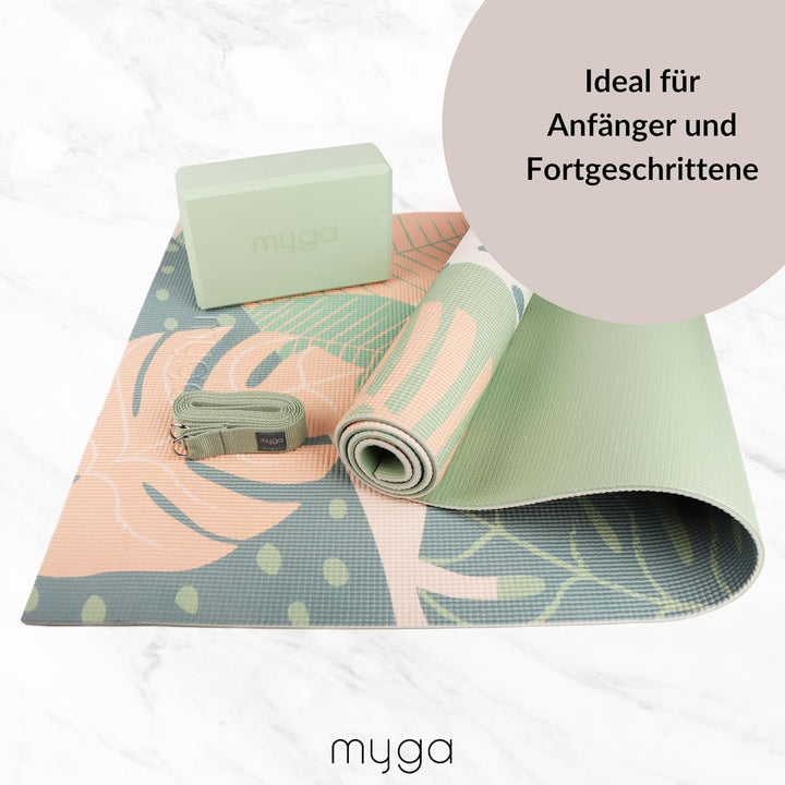 Myga Yoga Starter Kit | Komplettes Set mit Yogamatte, Yogablock & Gurt | rutschfest & Unterstützend