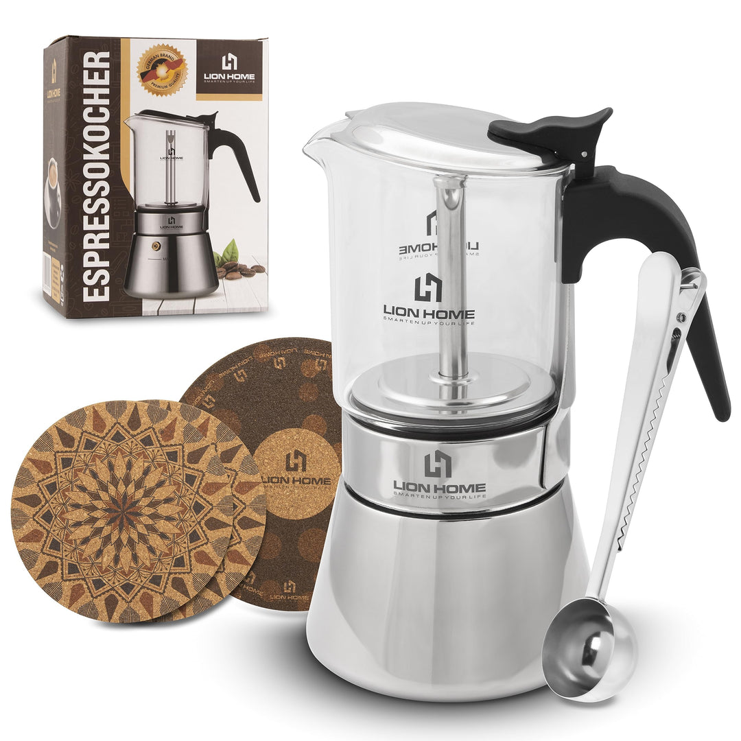 LION HOME Espressokocher | Glas &amp; Edelstahl Design für 6 Tassen | Inkl. Kork-Untersetzer | Für alle