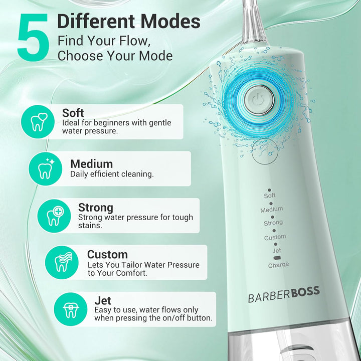 BarberBoss Munddusche Kabellos, elektrische Zahnseide mit 5 Druckmodi, IPX8 wasserdicht, tragbare Mu