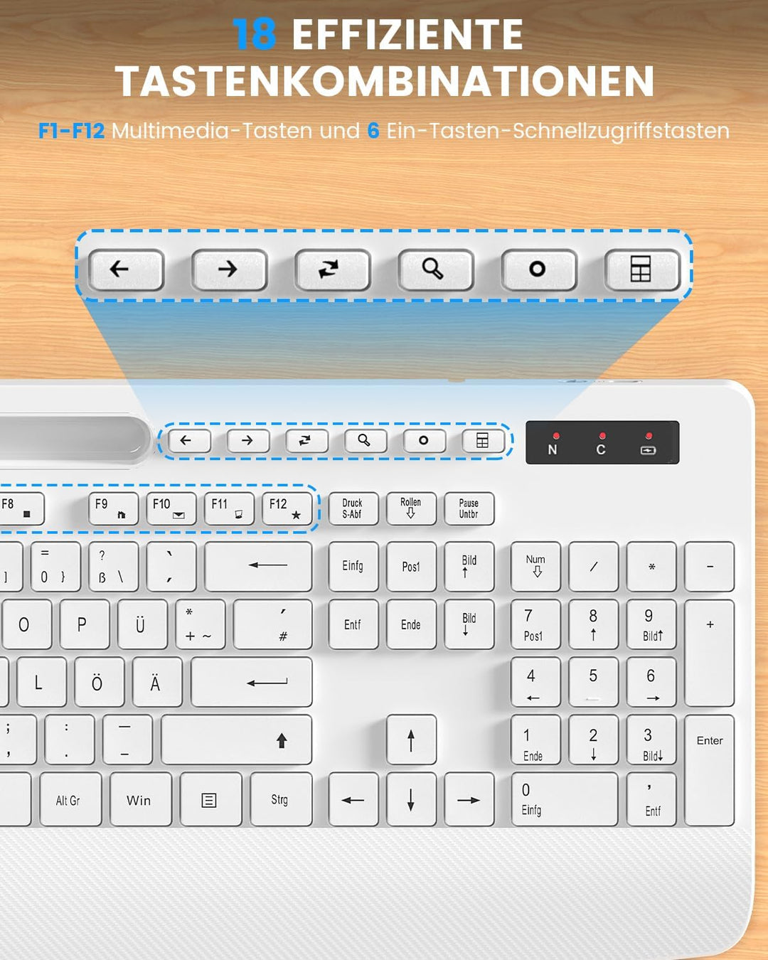 Tastatur Maus Set kabellos, 2.4G keine Latenz Ergonomische Tastatur kabellos Set, Handballenauflage,
