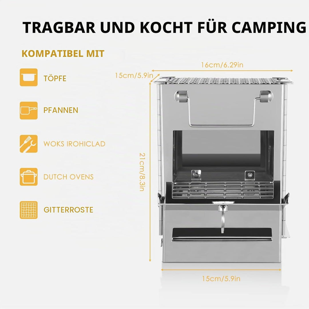 Lixada Camping-Pfanne aus Edelstahl, zusammenklappbar, Holzofen, Mini-Grill, mit Transporttasche, fü
