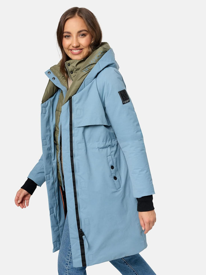 Navahoo Damen Mantel Lange warme Winter Steppjacke mit Kapuze Snowelf XS-XXL S Powder Blue, S Powder