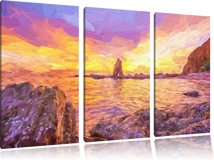 Pixxprint Küstenlinie mit schönen Sonnenuntergang Kunst Pinsel Effekt 3-Teiler Leinwandbild 120x80 B