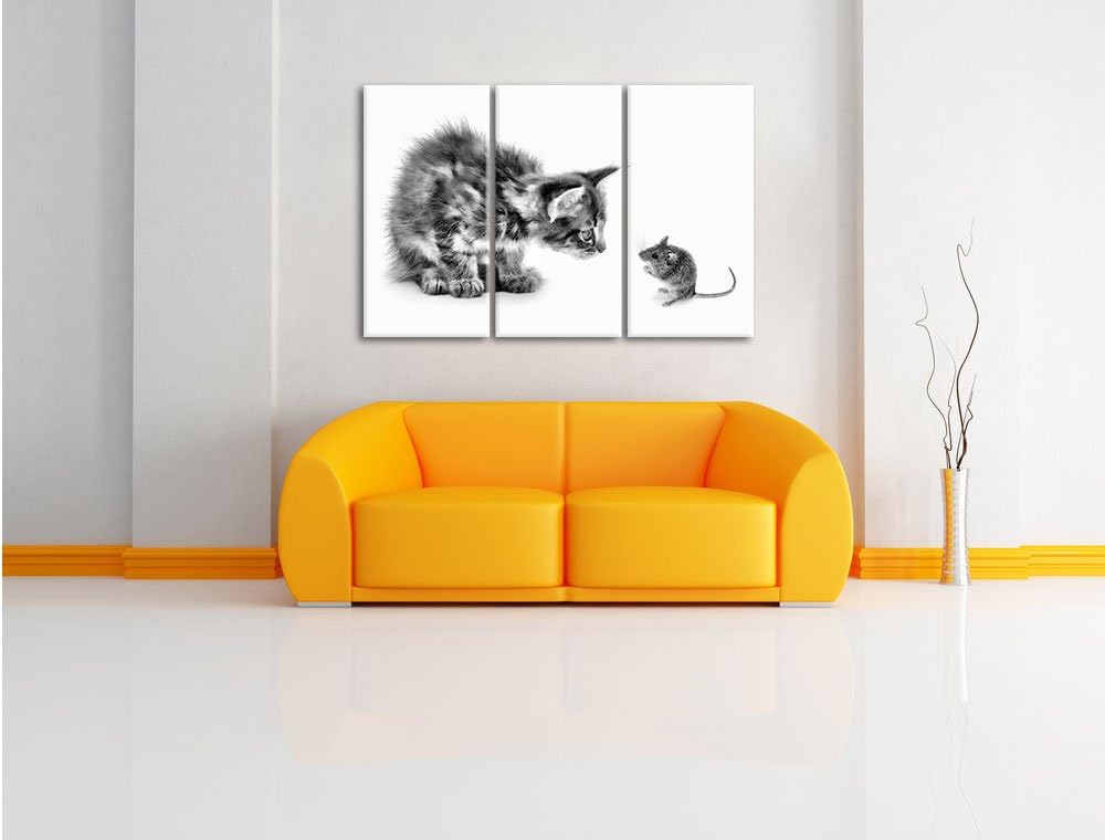 Pixxprint Katze und Maus Freunde als Leinwandbild/Grösse: 3 Teilig (120x80) cm/Wandbild/Kunstdruck/f
