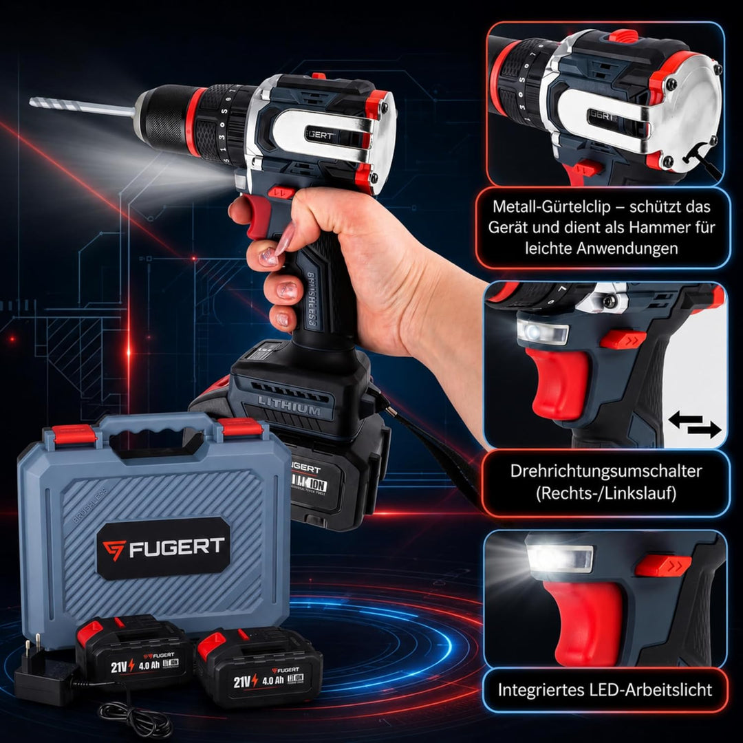 Akku Schlagbohrschrauber 21V Bürstenlos 80Nm 2x 4000 mAh Akkus | 35 Drehmomentstufen & 3 Modi (Schra