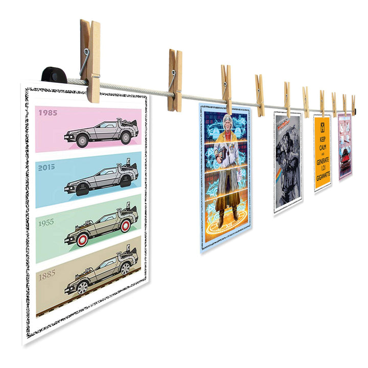 LeTOMA – Hochwertiges Fotoseil aus Stahl 2x100 cm lang und 2x8 rustikale Holzklammern 45mm - Fotolei
