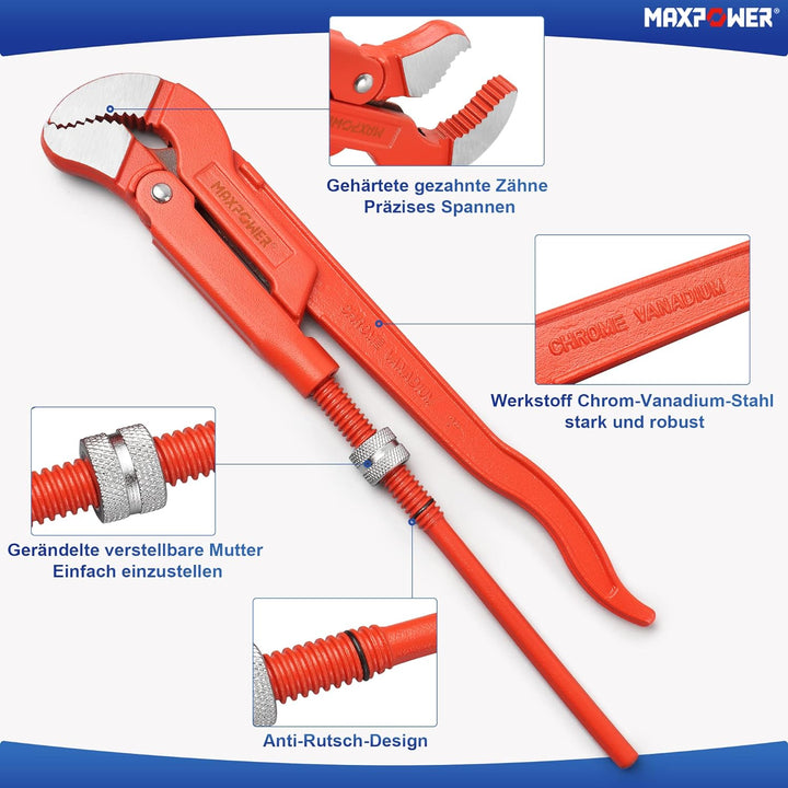 MAXPOWER Abgewinkelte Eck-Rohrzange 1 Zoll S-Maul Wasserrohrzange 330mm S-förmige Backe x 30,5 cm Lä