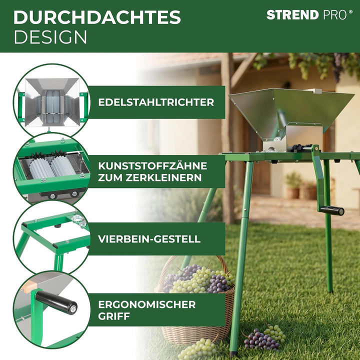 STREND PRO Traubenmühle 7 L Edelstahl mit Metallständer | Maischemühle Beerenmühle mit Handkurbel |