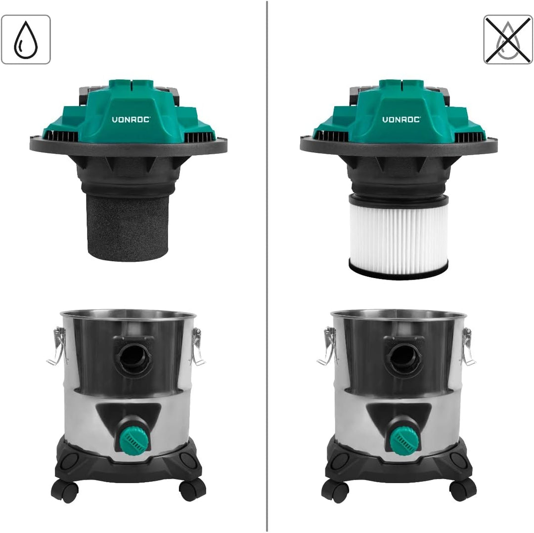 VONROC Nass und Trockensauger - Nasssauger, Industriesauger trocken und nass - Werkstattsauger 1400W