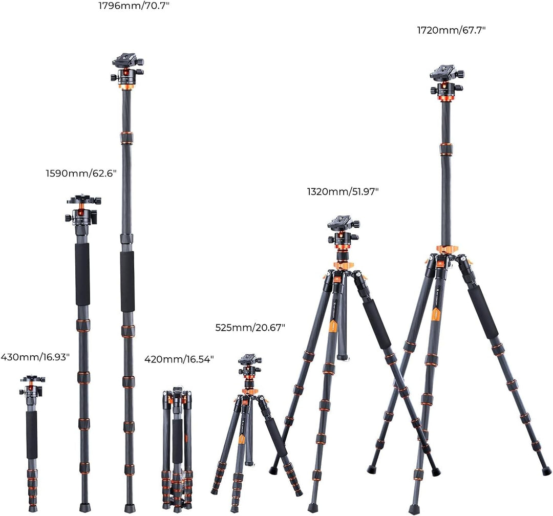 K&amp;F Concept 172cm Carbon Stativ, D255C4(SA255C1) Kompaktes Kamera Handy Stativ, Leichtes Tripod mit