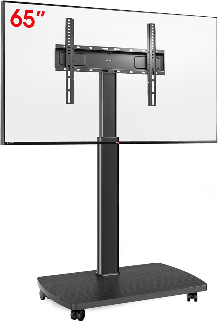 AOKCOS TV Ständer Rollbar mit Holzablage, Fernsehständer auf Rollen für 32-65 Zoll Fernseher, TV Bod