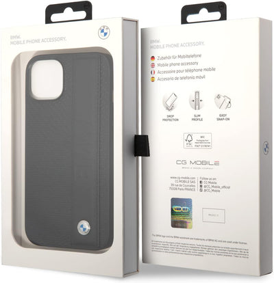 BMW Handyhülle für iPhone 14 Plus Signature Collection in Schwarz Strukturierte Hülle Echtleder Schu