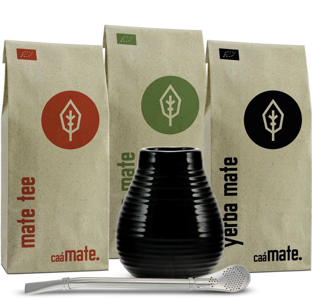 Mate Tee Set Keramik ● 3 Bio Matesorten + Matebecher + Bombilla + Zubereitungsanleitung (schwarz), s