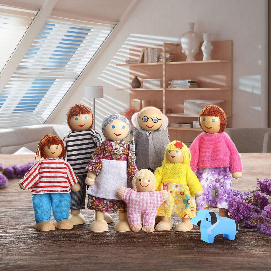Playtee 7-köpfige Puppenfamilien Puppenhaus für Kinder Spiel Haus Geschenk Holz, Modern