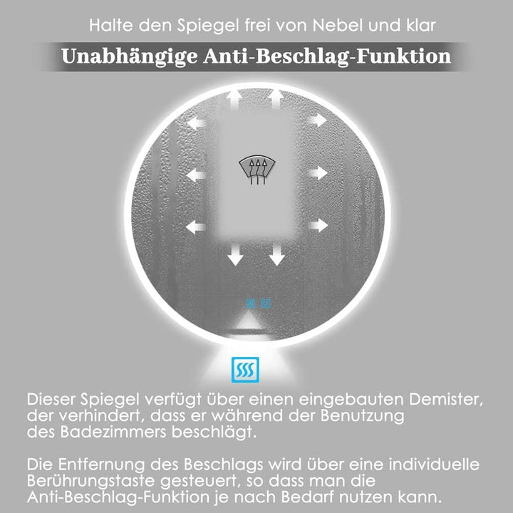Badspiegel mit Beleuchtung Rund, Dimmbar 3 Lichtfarbe Kaltweiss Warmweiss Beschlagfrei LED Spiegel B