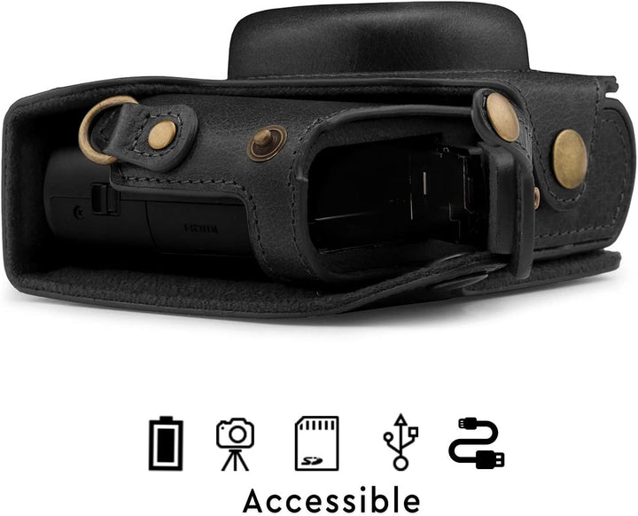 MegaGear Panasonic Lumix DC-TZ100, TZ200 Ever Ready Echtleder Kamera-Case mit Trageriemen - Schwarz,