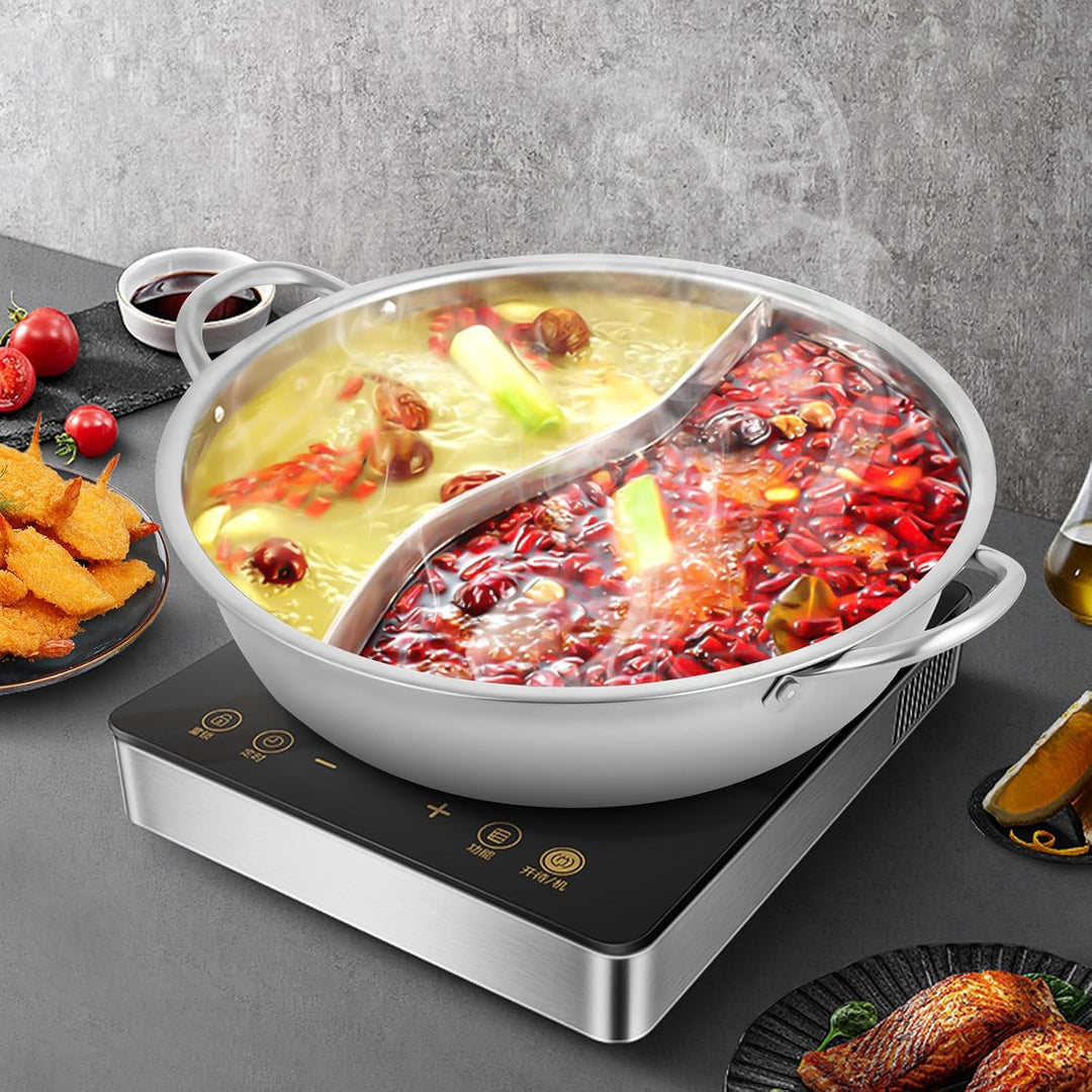 28cm Edelstahl Kochtopf mit Glas Deckel Hotpot Kocher mit Trennwand 2 Kammern Chinesischer Feuertopf