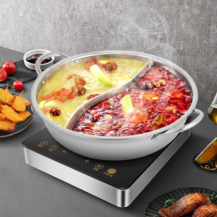28cm Edelstahl Kochtopf mit Glas Deckel Hotpot Kocher mit Trennwand 2 Kammern Chinesischer Feuertopf