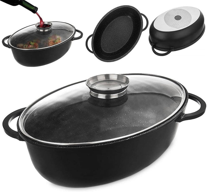 orion group Tiefe Granitbratpfanne Bratpfanne Granit Bräter Brattopf Kochtopf mit Glasdeckel 8 L Gra