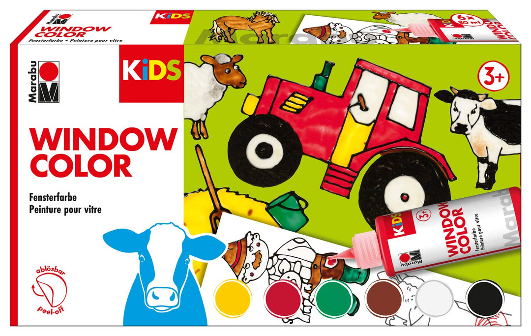 Marabu 0306000000010 - Kids Window Color Farmer mit 6 x 80 ml Farbe, Malvorlage A3 mit 25 Motiven un