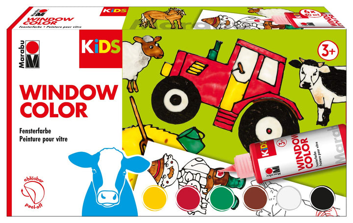 Marabu 0306000000010 - Kids Window Color Farmer mit 6 x 80 ml Farbe, Malvorlage A3 mit 25 Motiven un