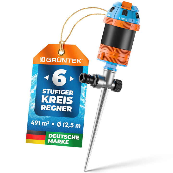 GRÜNTEK 6-Fach Multifunktions-Kreisregner, Rasensprenger mit Metall-Spike, Bewässerungsradius 12,5 m
