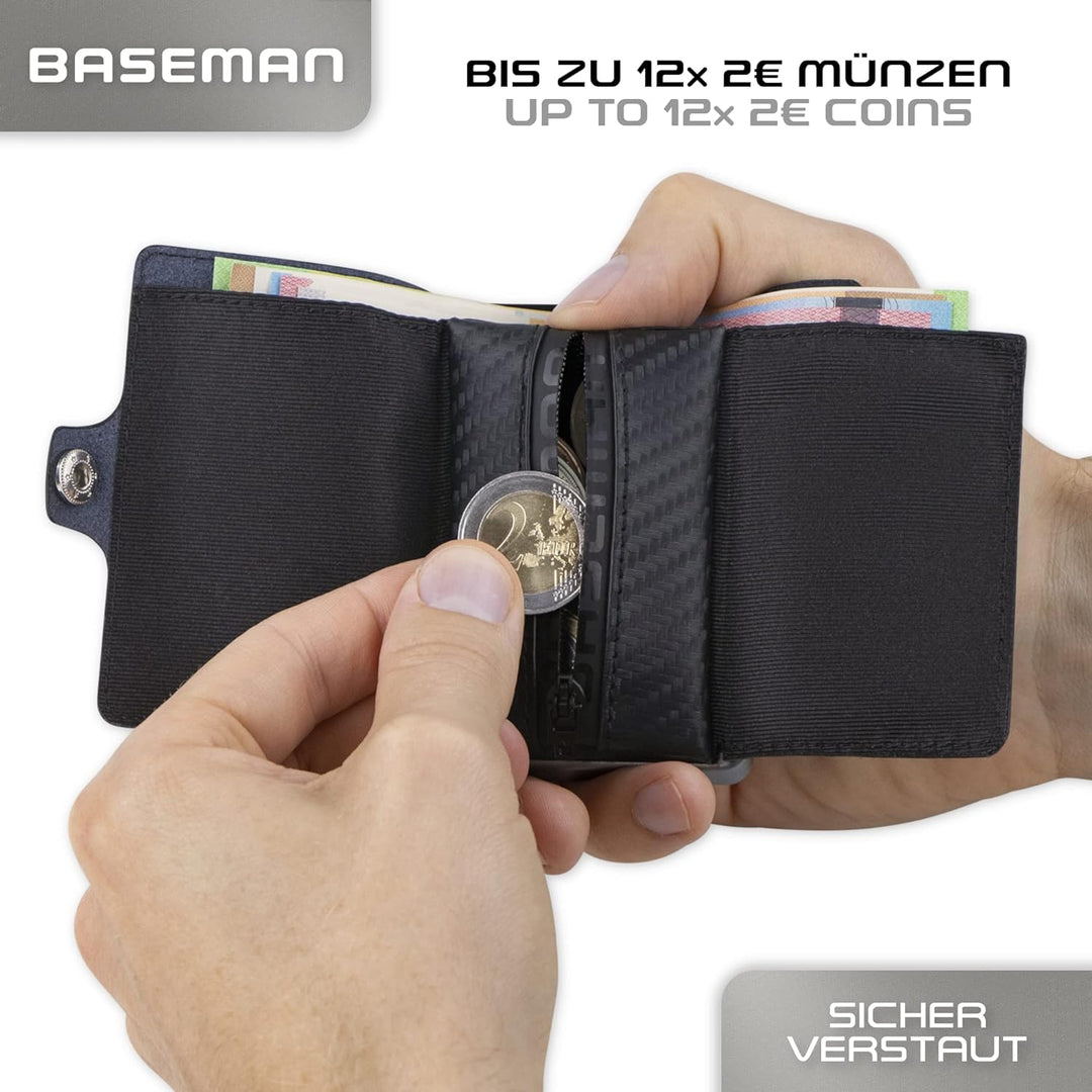 BASEMAN® Kreditkartenetui mit Münzfach I das Slim-Wallet aus Aluminium & Echtleder I Kartenetui für