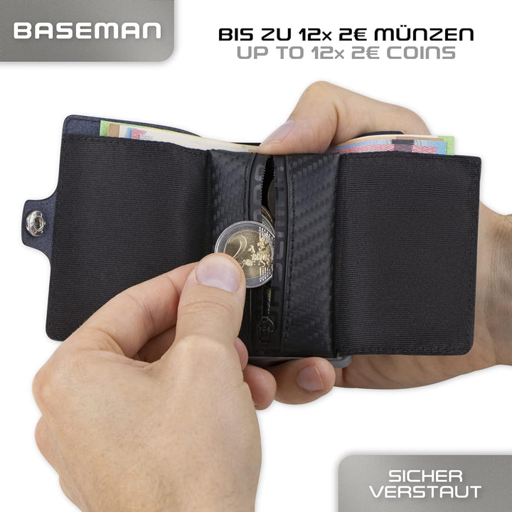 BASEMAN® Kreditkartenetui mit Münzfach I das Slim-Wallet aus Aluminium & Echtleder I Kartenetui für