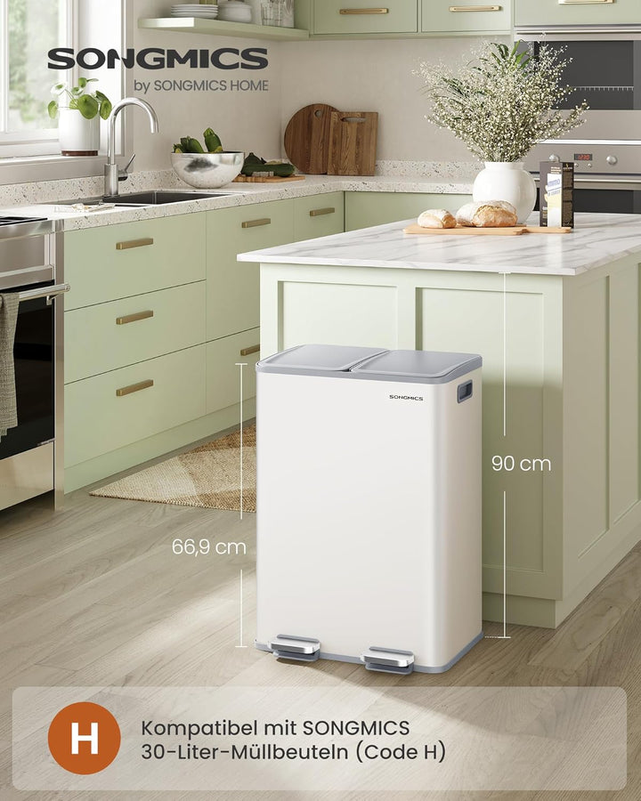 SONGMICS Mülleimer Küche, 2 x 30 Liter, 2 Fächer, Abfalleimer, Tretmülleimer, Küchenmülleimer mit So