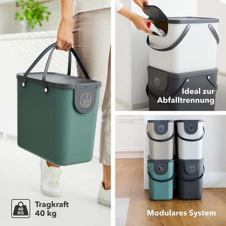 Rotho Albula Mülltrennungssystem 25l für die Küche, grün/anthrazit, Kunststoff Dunkelgrün, Dunkelgrü