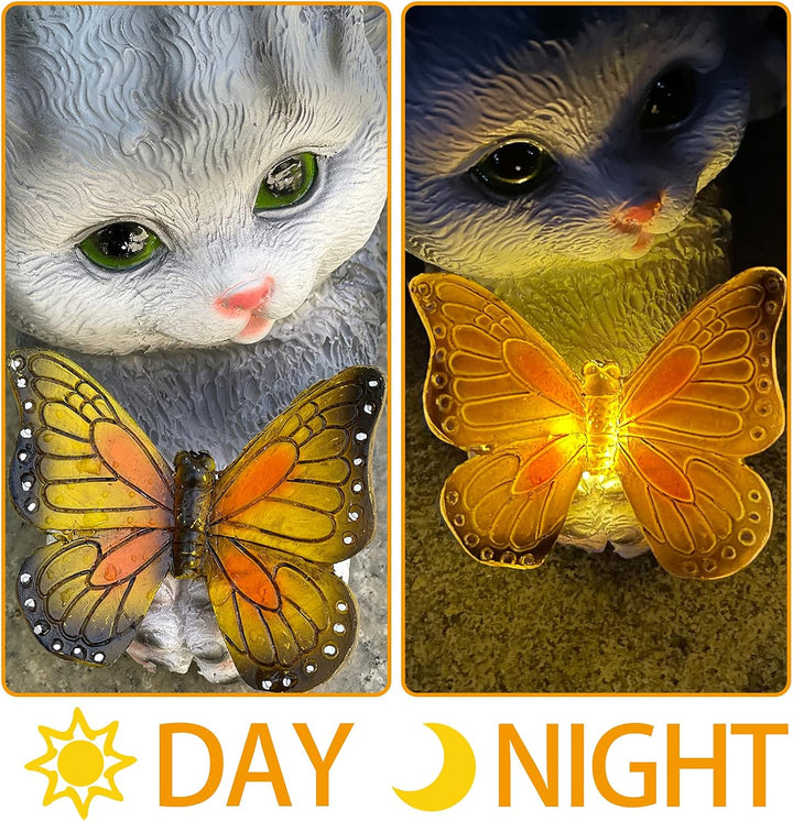 Katzenfigur Garten Deko Katze Gartendeko Schmetterlinge Solarlampen für Aussen Balkon Gartendekorati