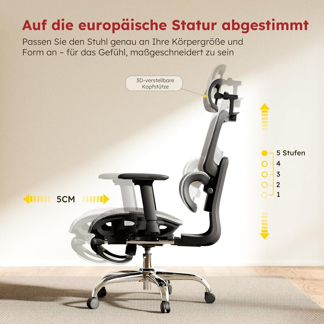 Ergonomischer Bürostuhl Voll-Mesh mit Abnehmbarem Kissen, Fussstütze, Höhenverstellbarem Rückenlehne