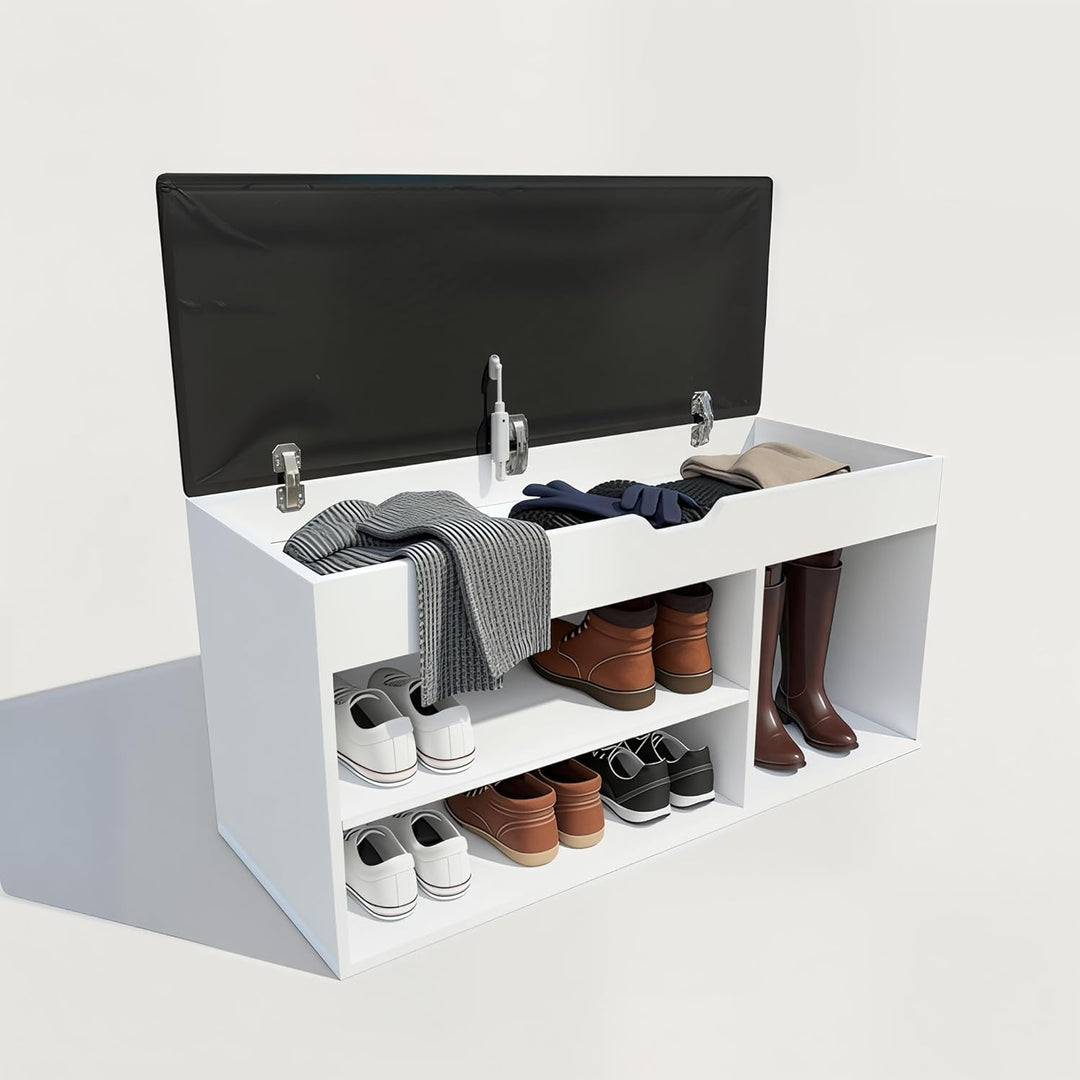 BOXIMO TRIA Schuhschrank mit Sitzbank, MDF und Polyester, 80 x 43 x 30 cm Weiss, Weiss
