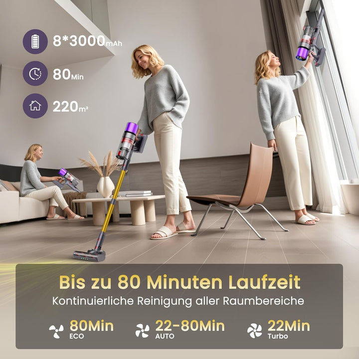 X7 Akku Staubsauger 55Kpa/600W/80Min, Staubsauger Kabellos mit LED Display, Akkustaubsauger Selbstla
